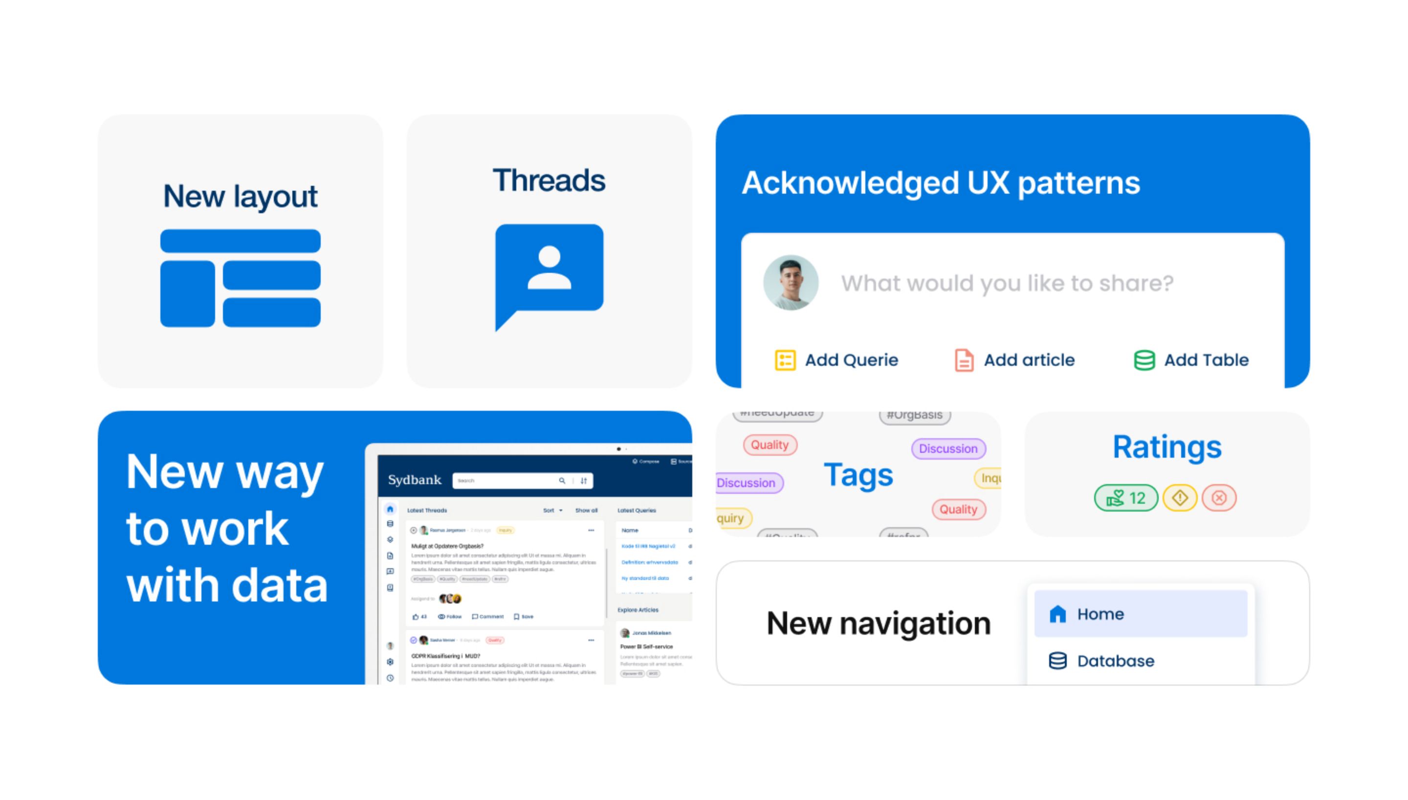 Feature overview — new layout, threads, tags, ratings and navigation